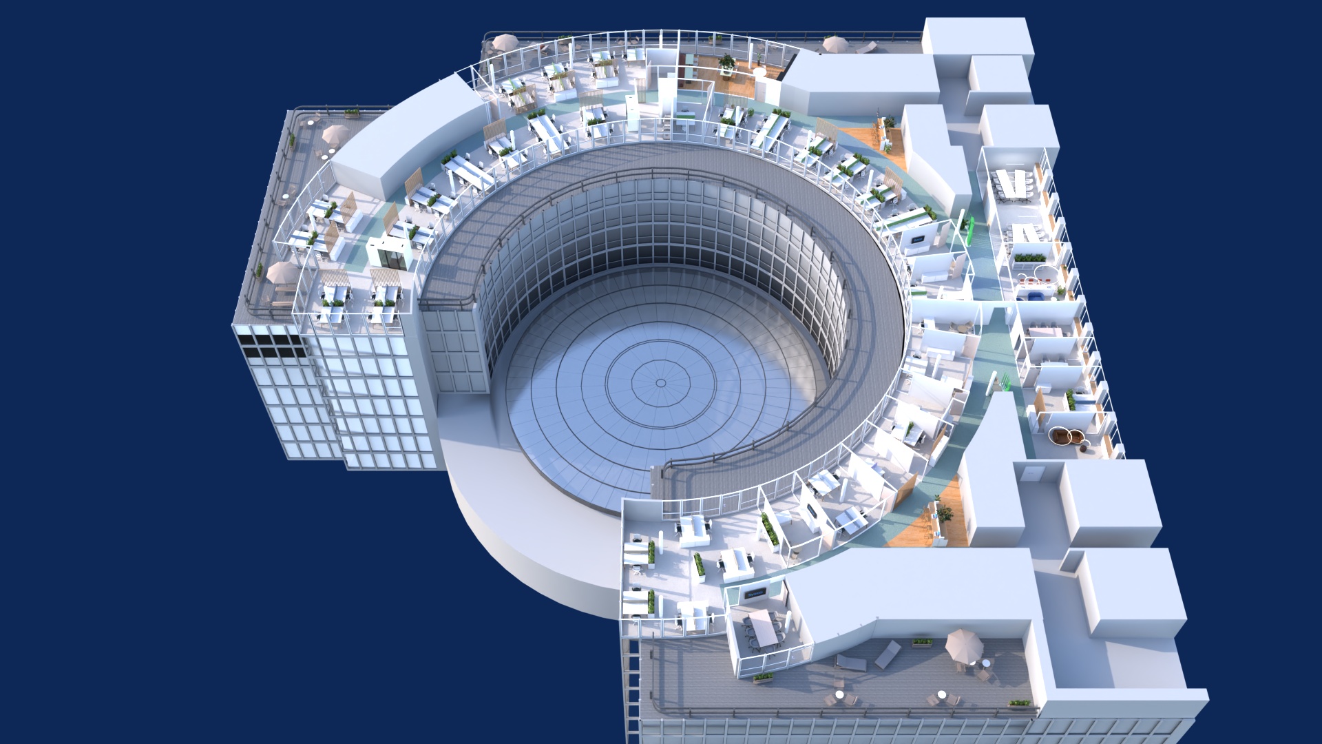 Plan 3D d un plateau de bureaux space planné par Kytom, open spaces, salles et terrasses